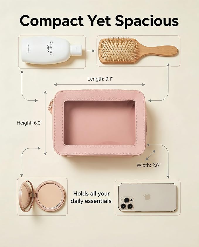 Clear Makeup Bags, TSA Approved Toiletry Bag with Zipper, Clear Makeup Organizer Fit Carry-on Travel Essentials,Clear Cosmetic Bags for Women Men (C-Pink)
