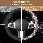 Leopard Print Steering Wheel Cover - Bling Crystal Rhinestones Cheetah Print on PVC Leather Non-Slip Breathable Design for Women/Girls Universal Fit 14.5-15 Inch