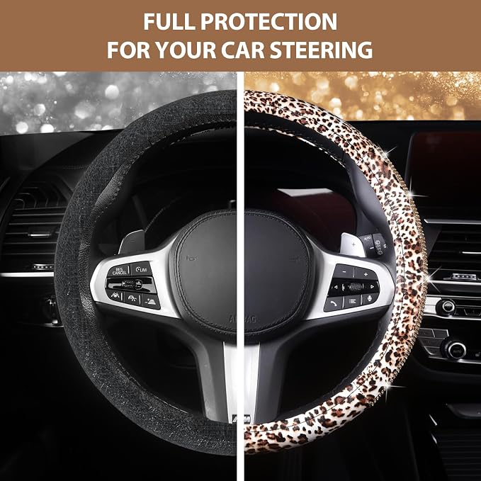 Leopard Print Steering Wheel Cover - Bling Crystal Rhinestones Cheetah Print on PVC Leather Non-Slip Breathable Design for Women/Girls Universal Fit 14.5-15 Inch