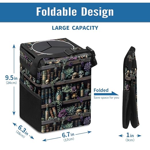 Gothic Witchy Skull Floral Car Trash Can with Lid Collapsible Reusable Waterproof Car Garage Bag,Automotive Garbage Can,Car Accessories Interior Car Organizer