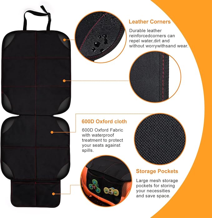 Car Seat Protector, Large Auto Protector for Child Seats with Thickest Padding and Non-Slip Backing Mesh Pockets for SUV, Sedan, Truck, Leather and Fabric - Black
