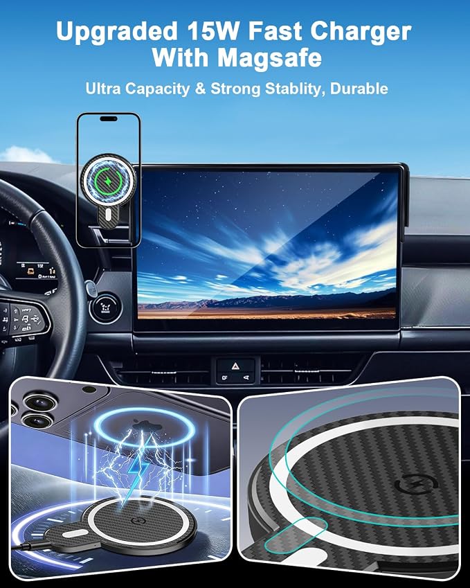 PZK Car Phone Holder for Toyota RAV4 2019-2025 Accessories 7/8-Inch Screen | Hybrid LE/XLE/Premium Magnetic 15W Fast Wireless Charger Car Phone Mount 360° Rotation Not Affect Vent (Not Fit 9/10.5'')