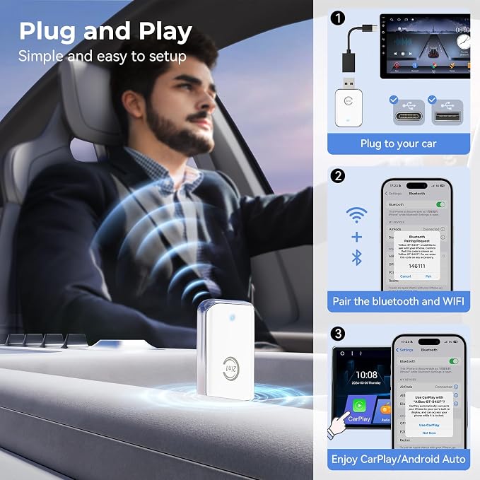 Wireless Carplay Adapter for iPhone, Convert Wired Car Play to Wireless, 2 in 1 Plug and Play Mini CarPlay and Android Auto Adapter for iOS 10 Android 11 +, Cars with Built-in Carplay (Off White)