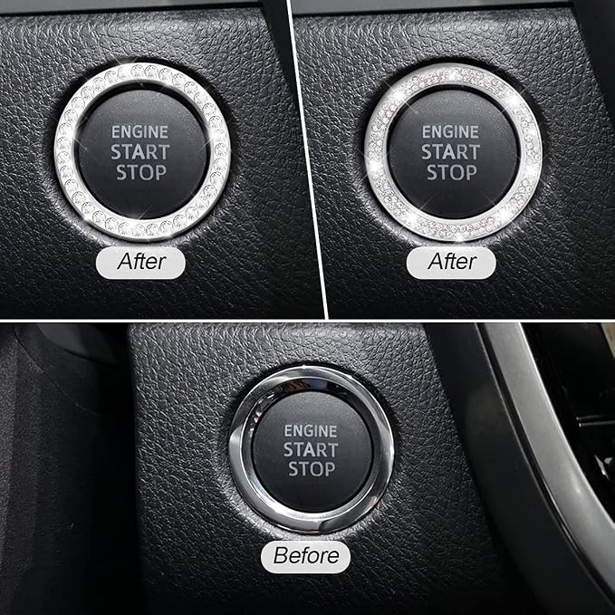 Car Bling Crystal Rhinestone Engine Start Ring Stickers, 1 Single Drainage Drill and 1 Double Drainage Drill Car Start Button Cover, Key Ignition Knob Bling Ring Decals, Car Accessories(Set Silver)