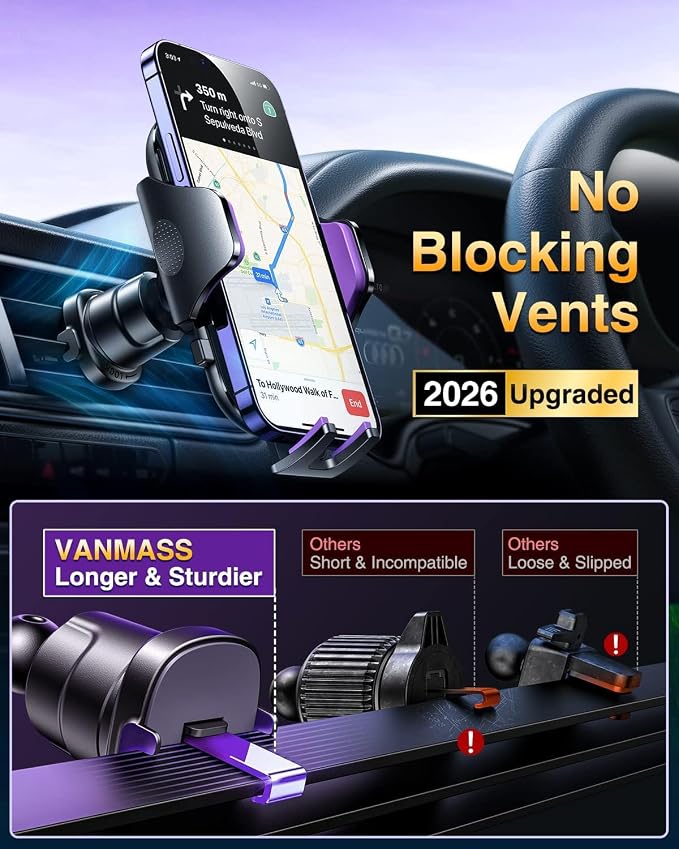 [True Military-Grade] Car Phone Holder [Upgraded Suction & Clip] Cell Phone Mount for Dashboard Windshield Vent Truck Cradle Dash Stand for iPhone 16 Pro Max 15 14 13 12 Android, Purple