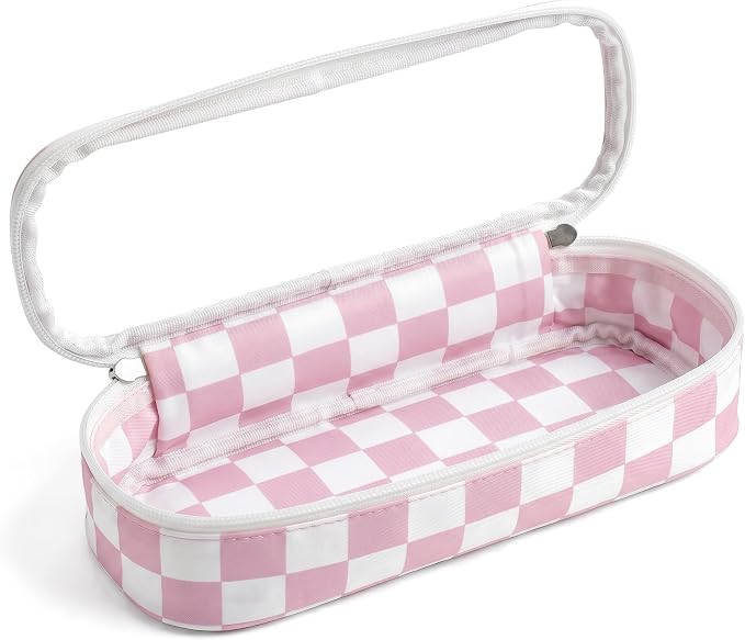 Preppy Checkered Clear Travel Makeup Brush Holder,Pink and Beige Checkered Makeup Brush Toiletry Bag, Portable Cosmetic Brush Case,Transparent Waterproof Makeup Brush Storage Bag