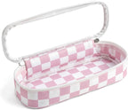 Preppy Checkered Clear Travel Makeup Brush Holder,Pink and Beige Checkered Makeup Brush Toiletry Bag, Portable Cosmetic Brush Case,Transparent Waterproof Makeup Brush Storage Bag