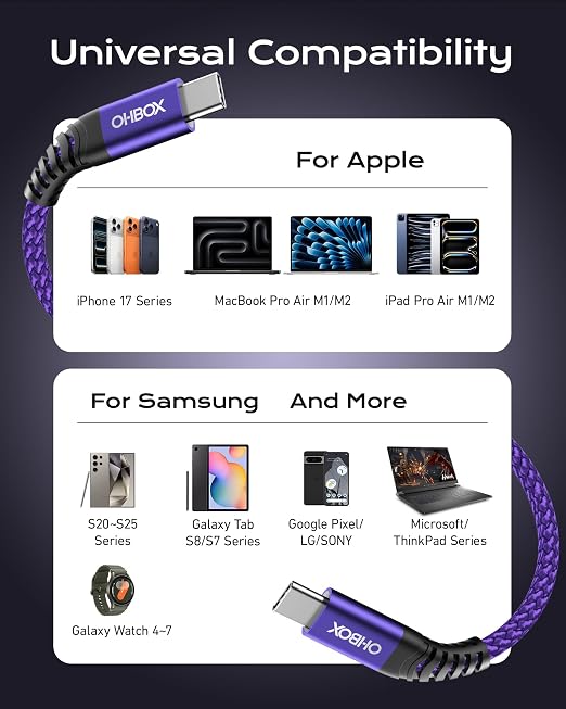USB C to C Cable Fast Charging [2 Pack 6FT], USB C to USB C Cable for CarPlay, Durable Braided USB Type C iPhone Charger USBC Cord for iPhone 17/16/15/Pro Max/Plus, Samsung Galaxy S23 and More-Purple