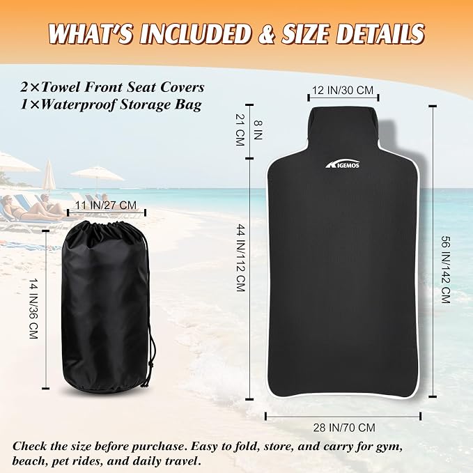 2 Pack Towel Car Seat Covers, Waterproof Washable Front Seat Protectors with Soft Terry Cloth, Non-Slip Backing, Universal Fit for Cars SUVs Trucks,Gym,Beach,Pets, Kids,Road Trips (Black)