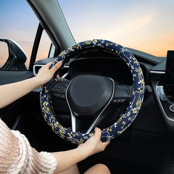 Navy Spherical Flowers Steering Wheel Cover Auto Steering Wheel Protector, Anti-Slip, Absorbing Sweat, Universal Flowers Car Accessories 14.5–15 inch,Fit for Most Car, Trucks, SUV