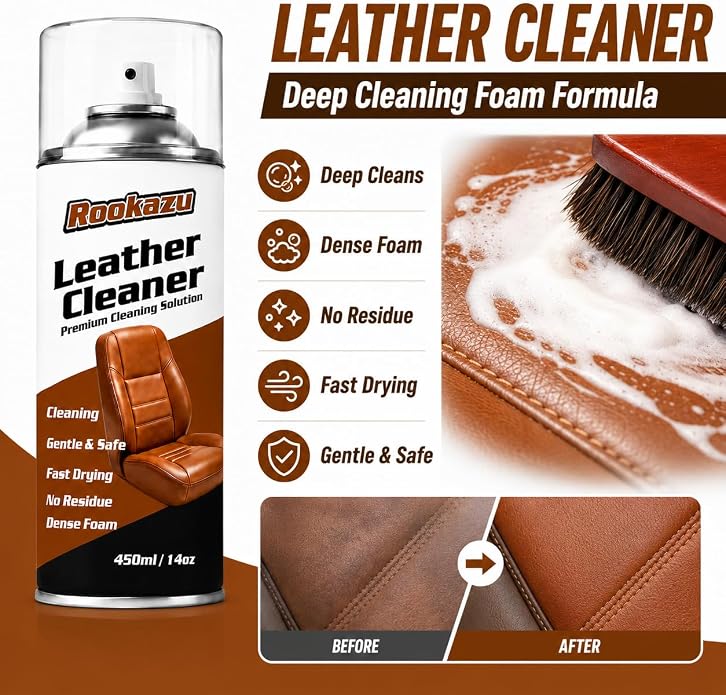 Leather Cleaner and Conditioner Kit, Car Leather Care Set with Horsehair Cleaning Brush, Deep Cleans, Conditions and Restores Car Interiors, Furniture, Shoes, Boots, Bags & Apparel