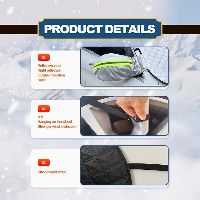 Car Windshield Snow Cover with Side Mirror and Hook, Winter Windshield Sun Shade Foldable, Magnetic Windshield Cover for Ice and Snow, Fit for Car/SUV, Pickup truck, 62"x50" Silver