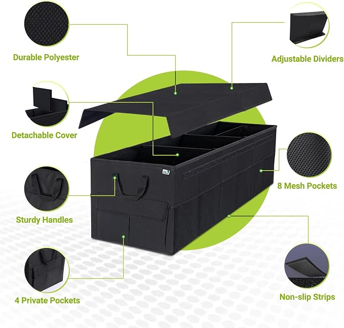 Trunk Organizer with Lid, 72L Large Capacity Car Organizer, 12 Pockets with Non-Slip Bottom, Collapsible 3 Compartments Car Storage Organizer for Suv/Jeep/Sedan/Van/Grocery, Black