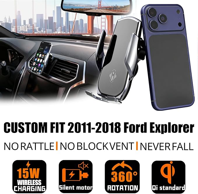 Car Phone Mount for Ford Explorer 2011–2018, 15W Wireless Fast Charging Auto-Clamping Vent Phone Holder, One-Hand Operation, Hands-Free, 360° Adjustable, Without Blocking Airflow