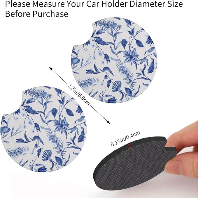 Blue Flowers Steering Wheel Cover 3Pcs Set 15" +2 Car Floral Coasters | Anti-Slip Breathable Neoprene, Universal 15" Fit, Blue Floral Pattern, Car Interior Decor, Cute for Men Women