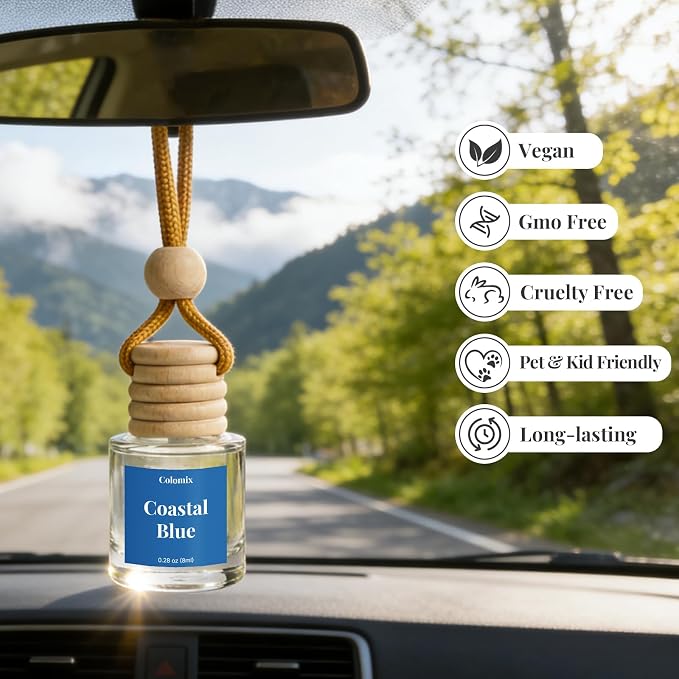Car Air Fresheners, Coastal Blue Hanging Car Diffuser 2 Packs, Essential Oil Auto Odor Eliminator, Long Lasting Natural Scent, Car Aroma Freshener for Rearview Mirror