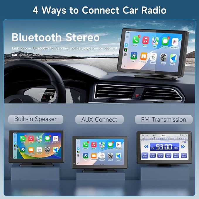Portable CarPlay Screen for Apple CarPlay & Android Auto, 7 Inch Wireless Car Stereo Touchscreen with Bluetooth, GPS Navigation, Voice Control, Backup Camera Support for All Vehicles