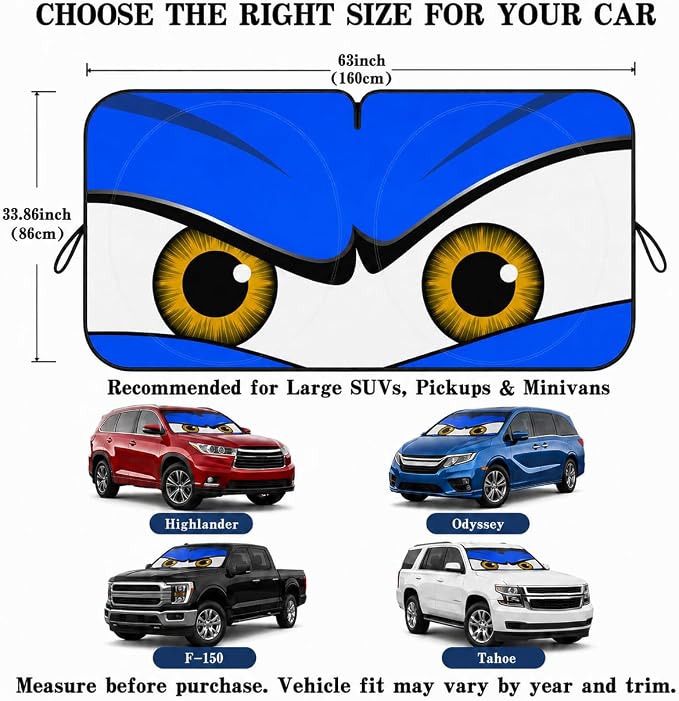 Car Windshield Sun Shade, Universal Fit Full-Size SUV Pickup, Monster Blue | 63 x 33.86" Large Foldable Windshield Cover, Foldable Front Window Sunshade, UV Heat Blocker, Cute Eyes Series