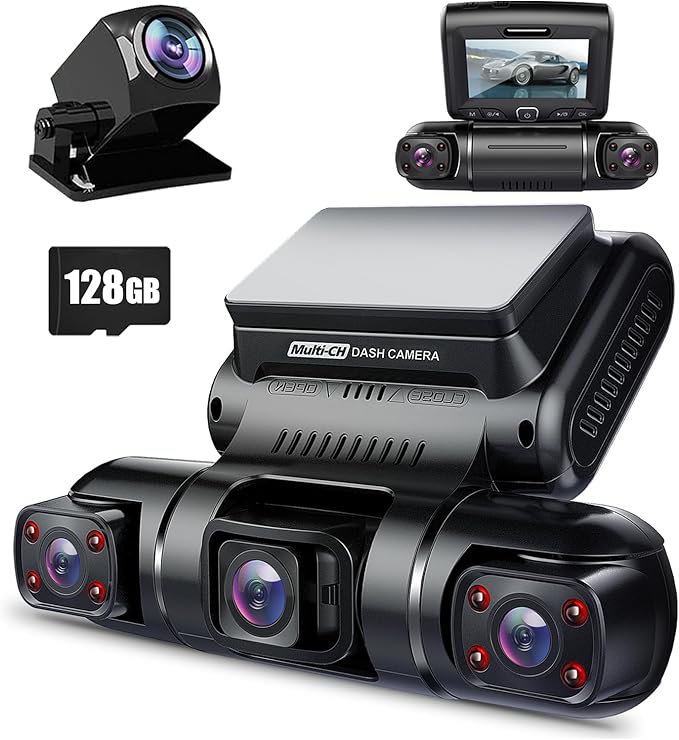 360° 4 Channel Dash Cam Front and Rear Inside Left Right, Dash Camera for Cars, Built-in GPS WiFi Night Vision, 24/7 Recording Parking Mode Monitor, 128G Card Included