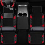 10 Pcs Car Floor Mats Full Set & Sport Leather Steering Wheel Cover 14.5-15 inch, Center Console Cover, Seat Belt Cushion, Cup Holder Coaster, Universal Automobile Interior Sets (Red)