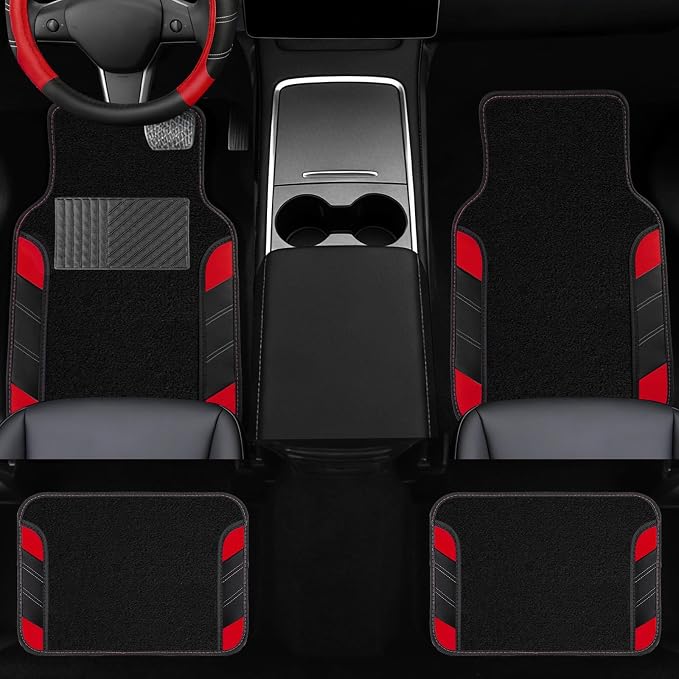 10 Pcs Car Floor Mats Full Set & Sport Leather Steering Wheel Cover 14.5-15 inch, Center Console Cover, Seat Belt Cushion, Cup Holder Coaster, Universal Automobile Interior Sets (Red)