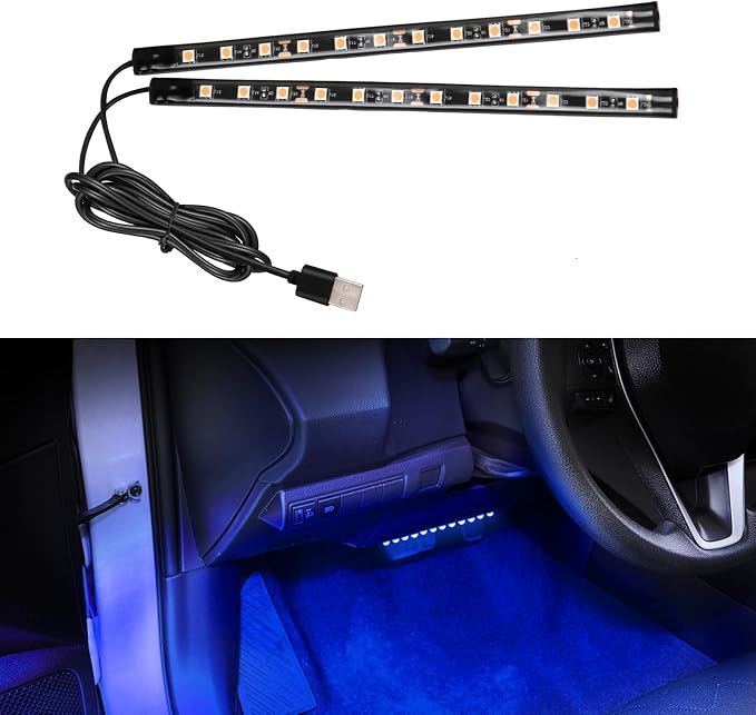 Car LED Strip Light, 12V 24 LED Vehicle Interior Atmosphere Lamps with USB Port, Auto Under Dash Ambient Night Light, Universal Car Accessories (Blue, USB)