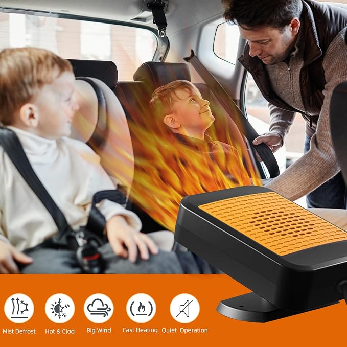 Car Heater,12V 200W Portable Car Heater Defroster Fans, 2 in 1 Heating & Cooling Fast Heating Defrost Defogger with Plug in Cigarette Lighter, Window Defroster for Car, SUV, Jeeps, Trucks (Orange)