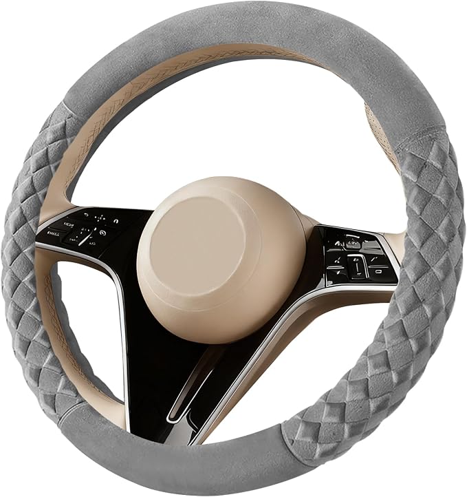 Premium Gray Diamond Patterned Plush Steering Wheel Cover, for Universal Auto Steering Wheel 14.5-15 in, Short Fluffy, Anti-Slip, Soft Plush, Comforting and Luxurious, Odorless, Soft Texture