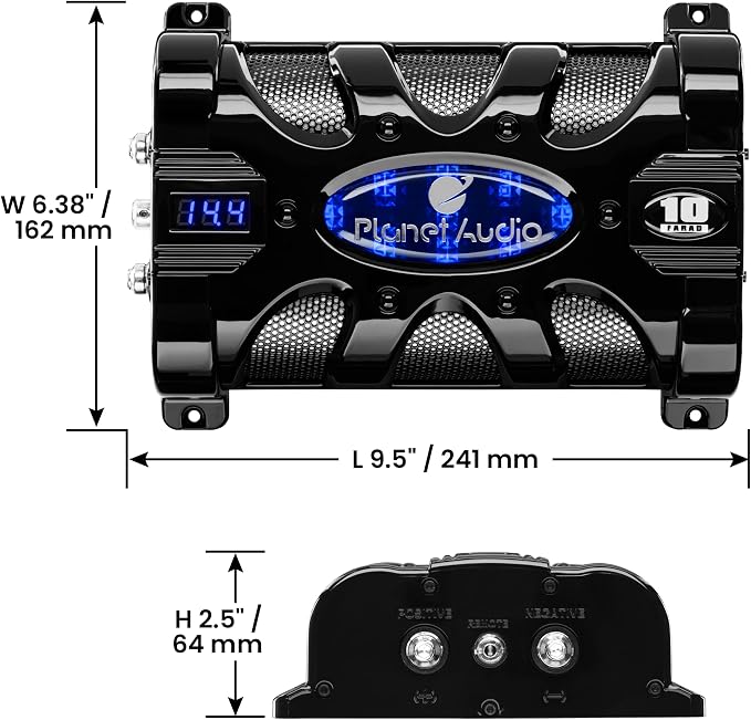 PC10F Car Capacitor - 10 Farad, Energy Storage, Enhance Bass from Stereo, Warning Tones, LED Voltage Meter