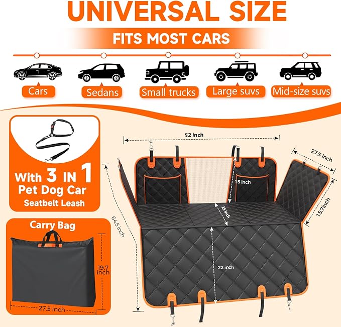 Elufa Hard Bottom Dog Car Seat Cover for Back Seat, 52" Back Seat Extender for Dogs, Waterproof Nonslip Dog Hammock with Flat Platform, Supports up to 500 lbs, Fits Cars, SUVs & Trucks