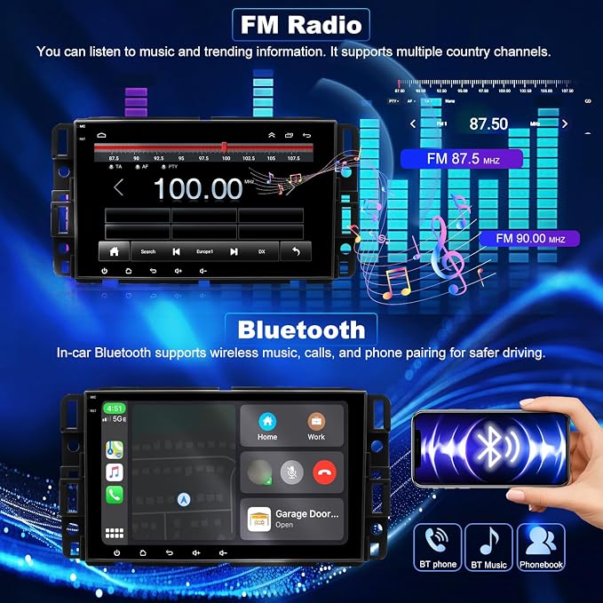 5GWiFi Car Radio for Chevrolet Silverado 1500 GMC Sierra 1500 2007-2013, Yukon Tahoe 2007-2014, Acadia 2007-2012, Savana Equinox 8inch Touch Screen Stereo, Carplay Android Auto GPS Camera