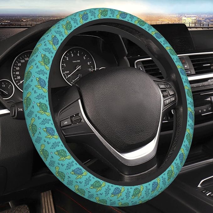 Cute Sea Turtle Steering Wheel Cover, 15 Inch Universal Neoprene Anti-Slip Steering Wheel Protector, Breathable & Durable Car Decor Accessory for Women Men, Teal/Blue
