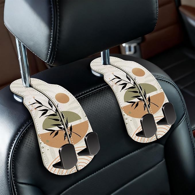 2PCS Car Seat Back Storage Headrest Hooks, Abstract Boho Leaves Purse Holder Bags Hanger, PU Leather Double Metal Hook Backseat Organizer, Women Car Accessories Organization