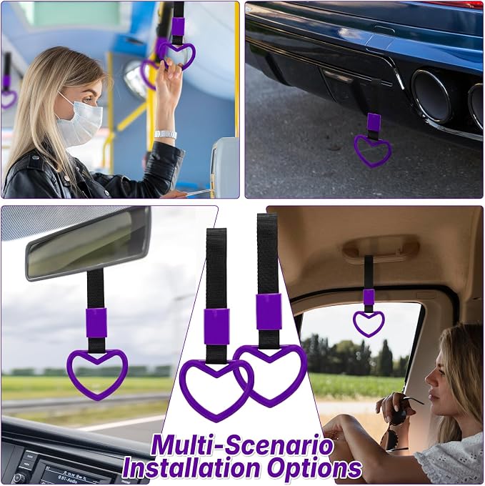 2 Pcs Heart Shaped Car Handle Strap – JD M Drift Charm Rear Bumper Warning Ring Decor for Car Interior Exterior, Subway Bus Handle Accessory, Cute Heart Car Decor Gift for Drivers (Purple)