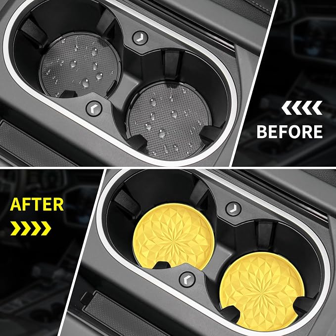 ME.FAN Car Coasters for Cup Holders [4 Pack] - 2.75In Silicone Auto Mug Mats - Universal Non-Slip Recessed Car Interior AccessoriesYellow