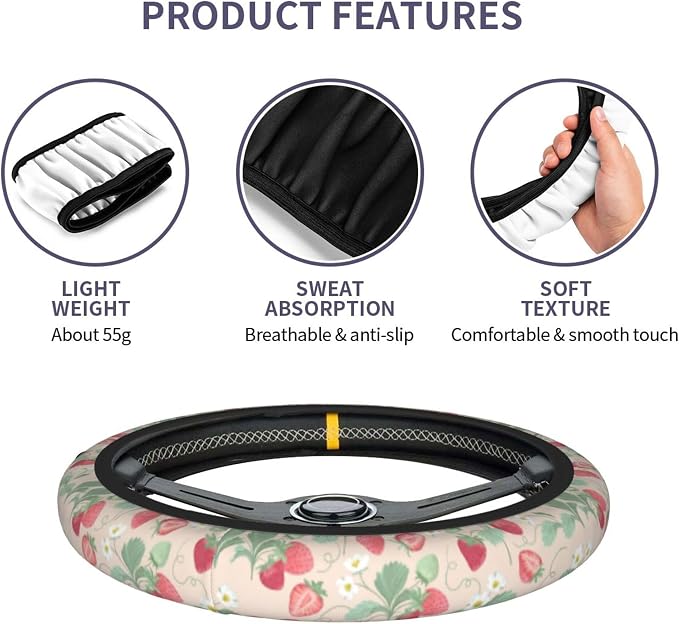 Strawberry Flowers 3-Pc Car Set : Steering Wheel Cover + 2 Pc Car Coasters | Cute neoprene Non-Slip Breathable Elasticity Universal for 14-15 Inch for Women