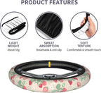 Strawberry Flowers 3-Pc Car Set : Steering Wheel Cover + 2 Pc Car Coasters | Cute neoprene Non-Slip Breathable Elasticity Universal for 14-15 Inch for Women