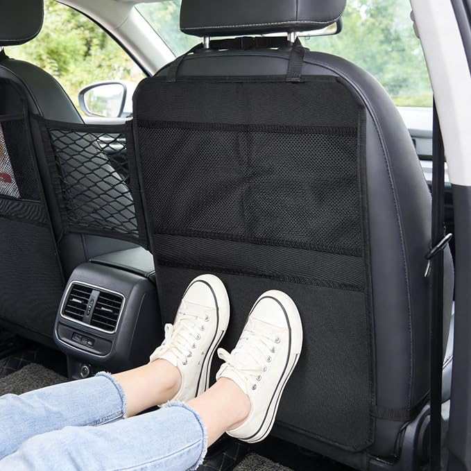 Back Seat Cover for Kids – 2 Mesh Pockets + 1 X-Large Storage Organizer, Waterproof Car Seat Back Protector for Vehicles, Protects Upholstery from Dirt, Mud & Scratches, Black (2)