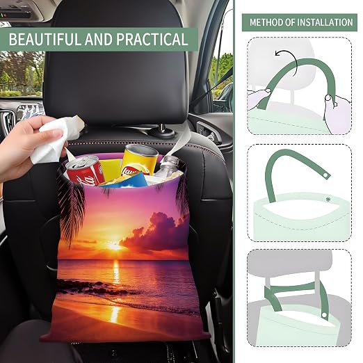 Cute Car Trash Can, Hanging Canvas Car Back Seat Organizer and Storage Bag, Funny Car Trash Bag for Travelling, Outdoor Beautiful Sunset Beach