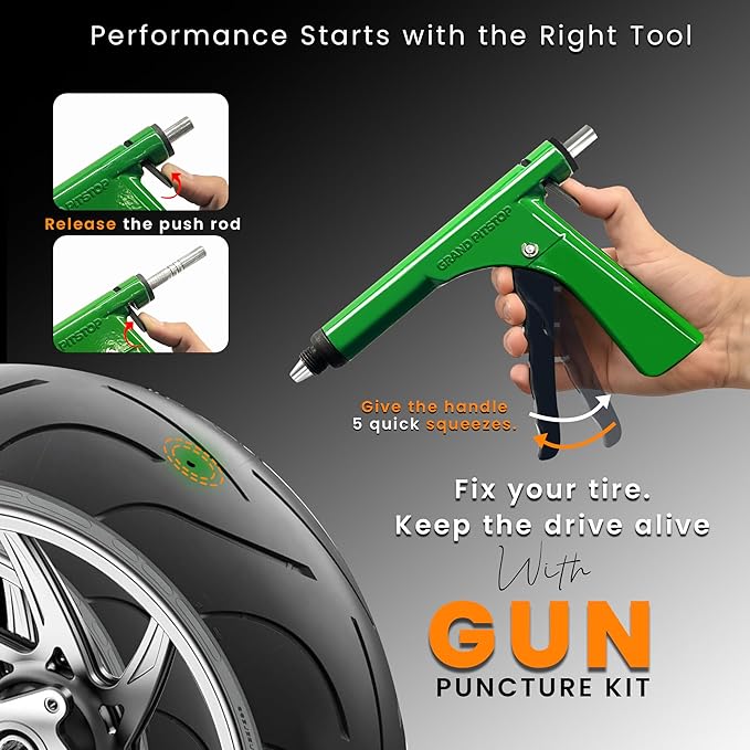 Tubeless Tire Gun Puncture Repair Kit with Mushroom Plug for Tyre Punctures and Flats on Cars, Motorcycles, ATV, Trucks & Tractors (Gun Puncture Kit 30 Plugs)