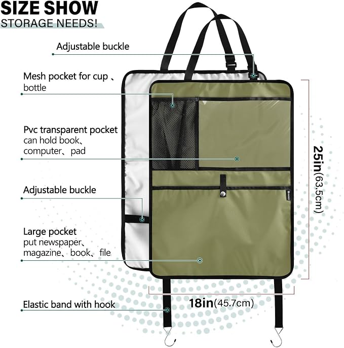 Olive Green Car Seat Organizer for Kids Backseat Kick Mat with Adjustable Strap Back Seat Protector for SUV Vehicle Car 2 Pcs