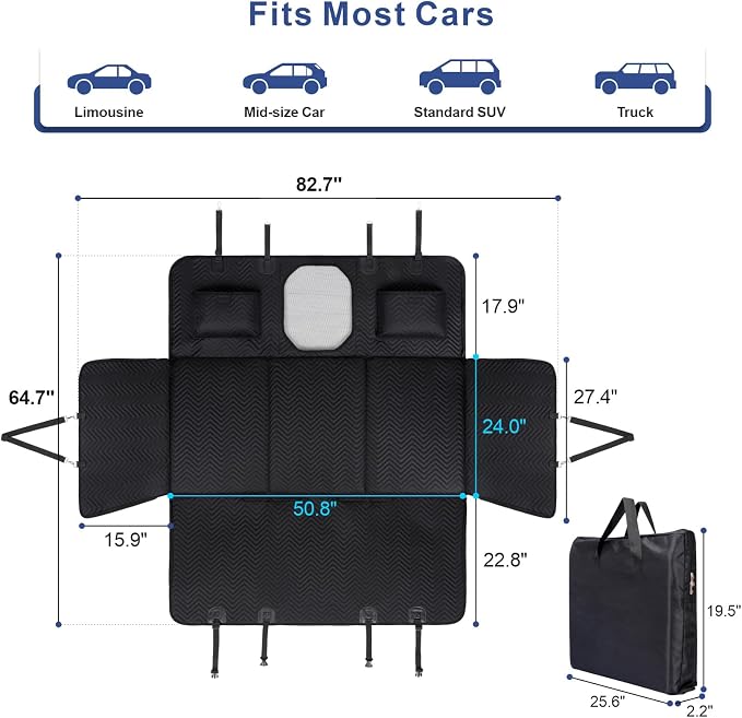 Dog Car Seat Cover - Hard Bottom Backseat Extender, Black | Back Seat, Waterproof Hammock, Thick Sponge, Supports 400 lbs, Seat Protector, Pets, Cars, SUVs, Trucks