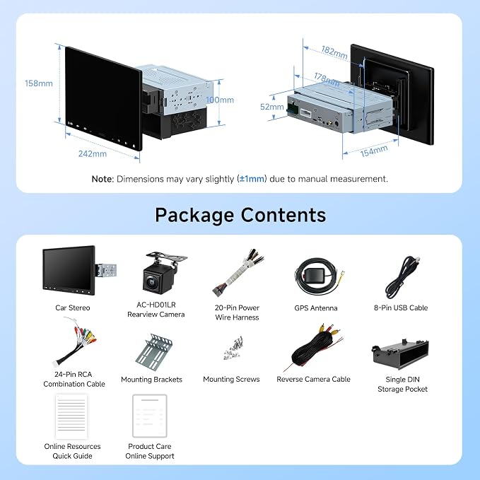 A5L 10 inch Android Double DIN & Single DIN Car Stereo, Floating QLED Touchscreen, Wireless Carplay & Android Auto, WiFi/USB/Bluetooth Tethering, Backup Cam, HDMI Out, DSP, ChatGPT AI