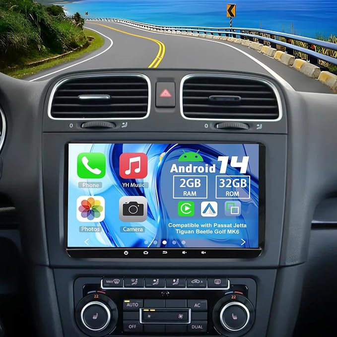 Android 14 Double Din Car Stereo Upgrade Radio for Passat Jetta Tiguan Beetle Golf MK6, 9" Touchscreen Carplay Android Auto GPS WiFi Bluetooth RDS DSP SWC Mirrorlink Mic Backup Camera