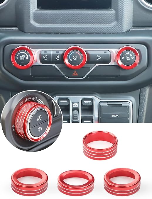 HVAC Climate Control Panel Knob Trim Kit & Light Control Switch Cover, Air Conditioner Knob Aluminum Alloy Ring for 2018-2024 Jeep Wrangler JL JLU & Gladiator JT, Interior Accessories, Red