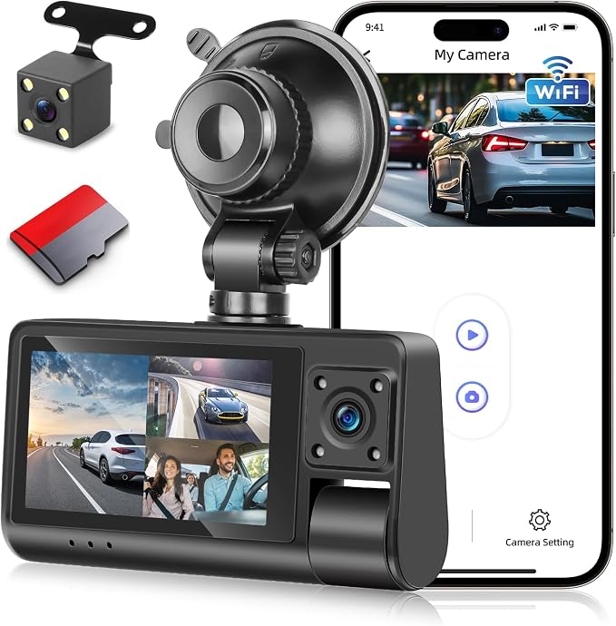 3 Channel Dash Cam for Cars, Dash Cam Front and Rear Inside, Bulit-in WiFi: 3 inch IPS Screen, 1080P Triple Dash Camera with 64GB Card, G-Sensor, Loop Record, Night Vision + Rearview Camera