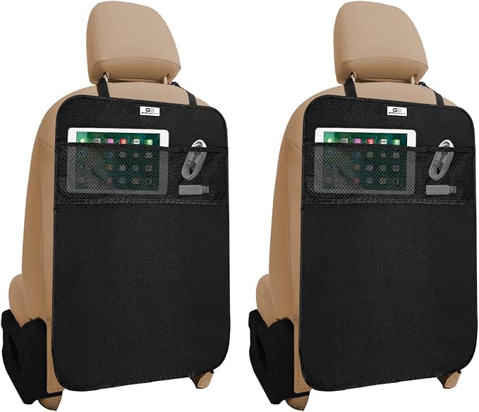 Gear Black Heavy Duty Kick Mats Back Seat Protector 2 Pack Car Seat Organizer Protection from Booster Seat Baby Toddler Kids Kicking Upgraded Bungee Hooks Universal Fit in Auto Trucks Vans SUV