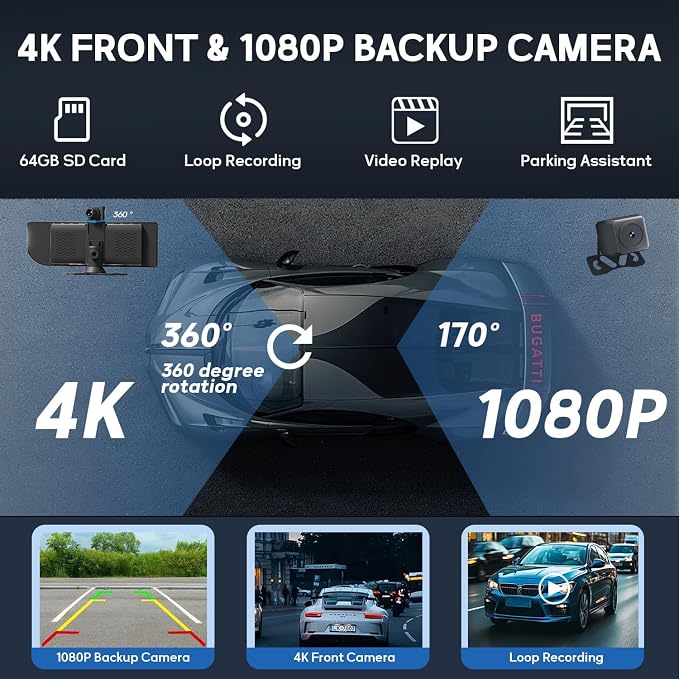10.26" Wireless CarPlay Screen for Car, Portable Apple Car Play & Android Auto HD Touchscreen with 4K Dash Cam/1080P Backup Camera/GPS Navigation/Mirror Link/FM/Voice Control for All Vehicles