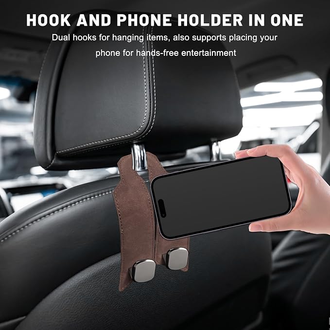 2 PCS Car Purse Hook, Multi Functional Vehicle Seat Back Storage Hooks Interior Accessories, Creative Metal Headrest Hanger Auto Seat Organization for Purses Phones Bags (Brown)