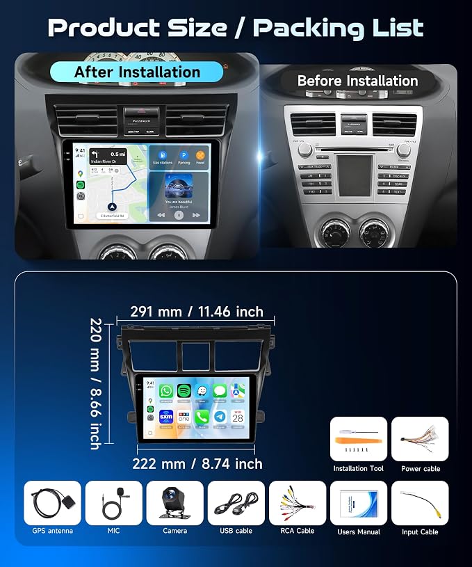 4G+128G Android 15 Car Stereo for Toyota Yaris Vios 2007-2014, Wireless Carplay Android Auto, 9'' in-Cell Screen Car Radio with GPS/Bluetooth 5.0/FM RDS/EQ/Wi-Fi Mirror Link Backup Camera SWC